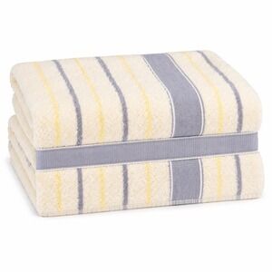 VTG Essential Home Cotton Bath Towels Blue Yellow Striped Set 2 Made in Brazil